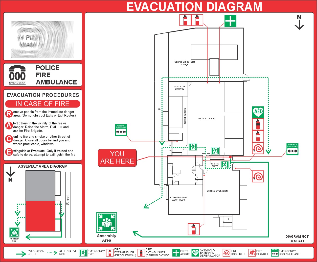 High-resolution evacuation diagram with emergency routes, safety symbols, and building layout.